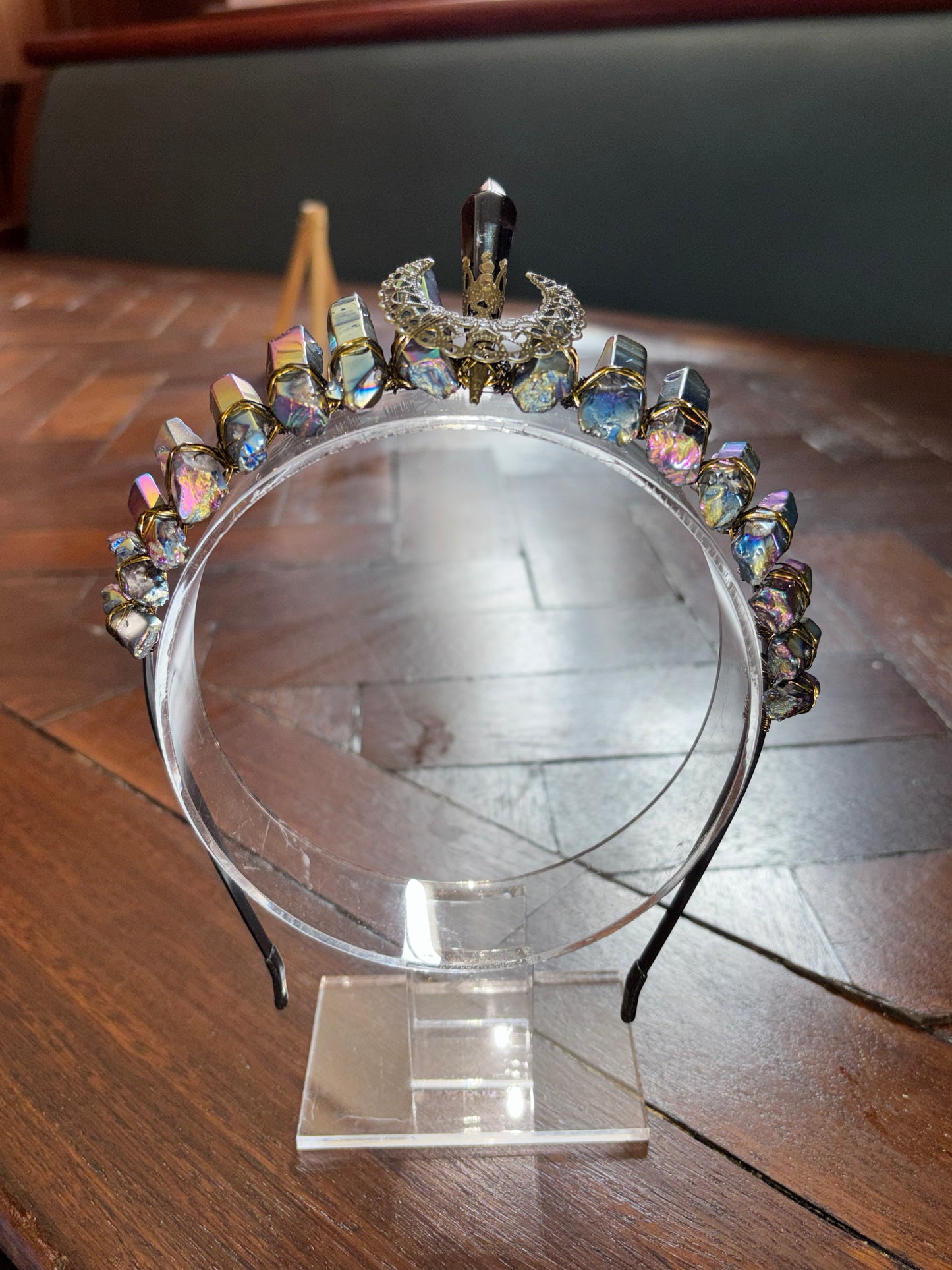 Aura-coated obsidian crystal tiara headband