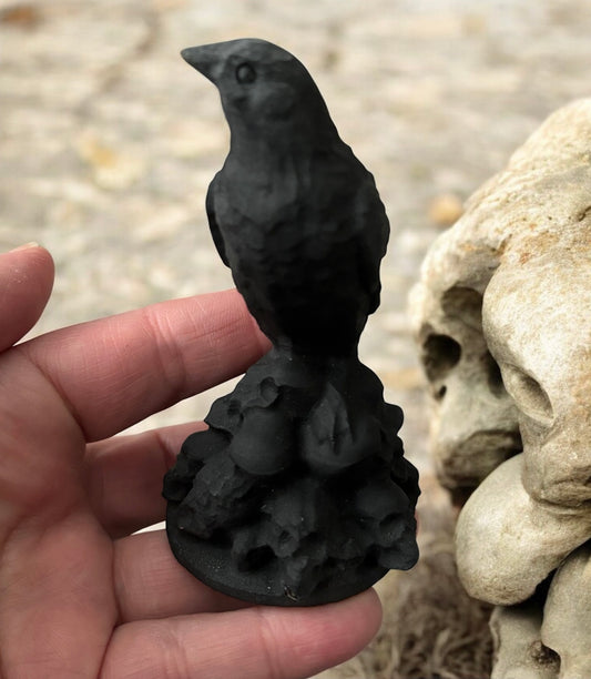 Black obsidian raven on skulls