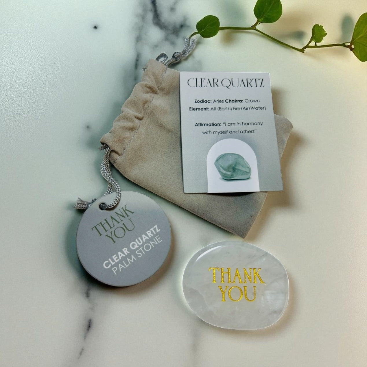 Clear quartz Thank You palm stone