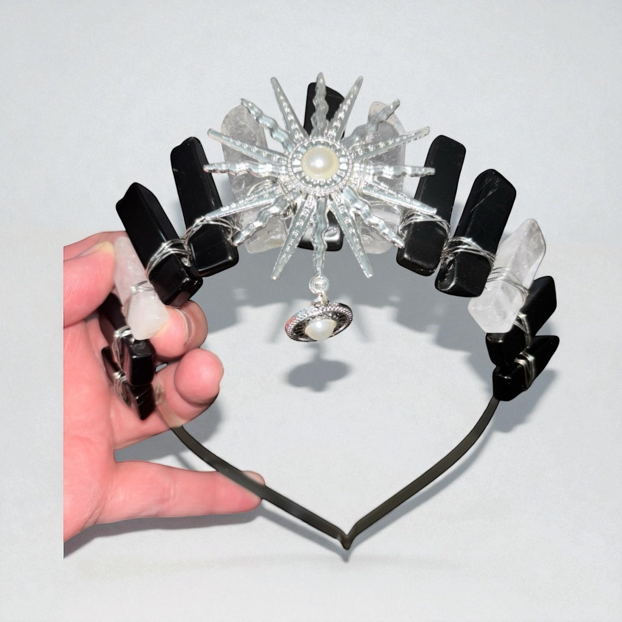 Black obsidian and quartz headband crown