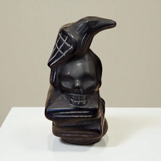 Black obsidian crow and skull on books