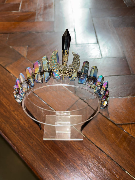 Aura-coated obsidian crystal tiara headband