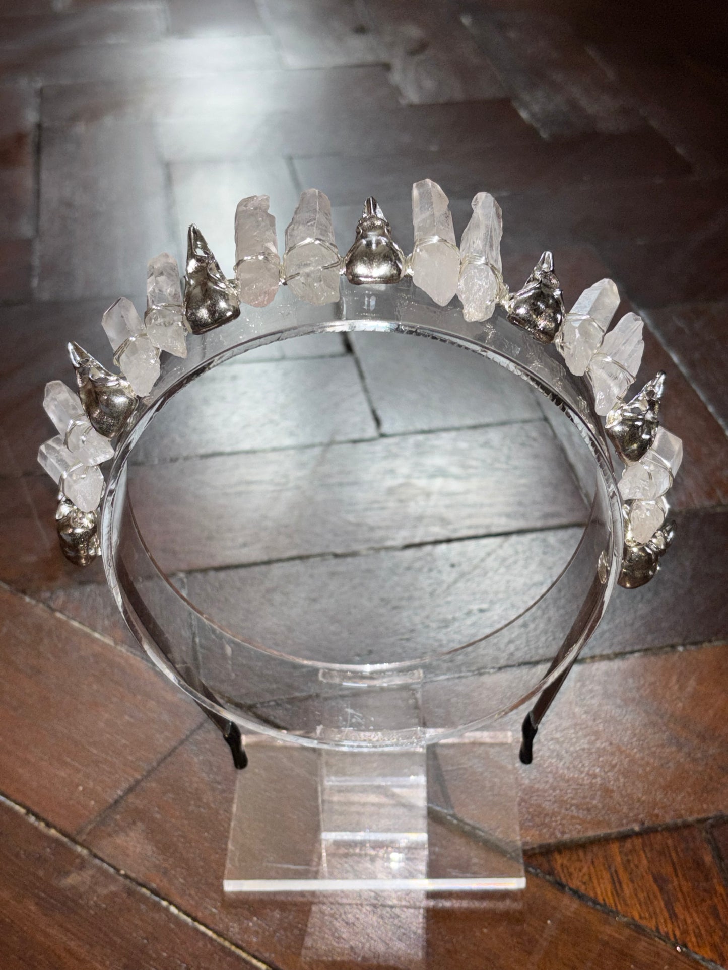 Clear Quartz Crystal & Crow Skull Tiara Headband Crown