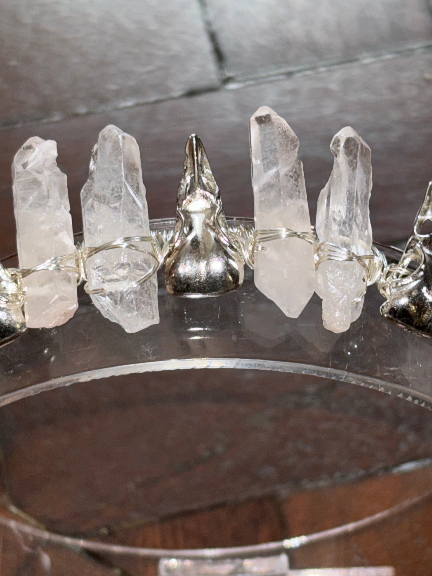 Clear Quartz Crystal & Crow Skull Tiara Headband Crown