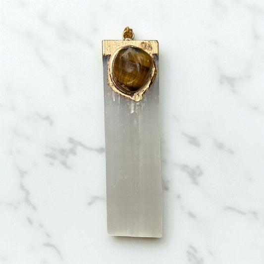 Selenite and tigers eye pendant
