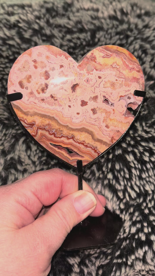 Pink agate heart on stand